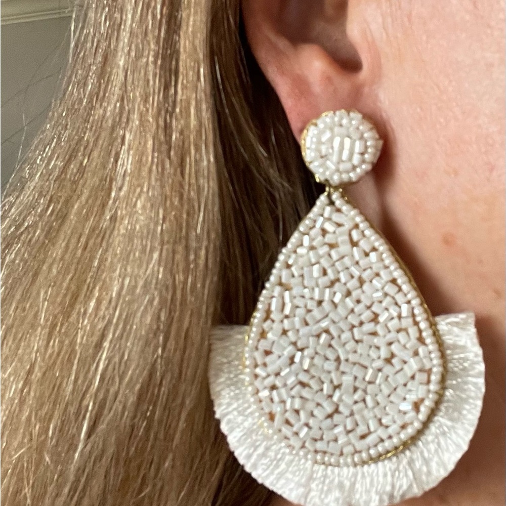 Elegant White Beaded Teardrop Earrings